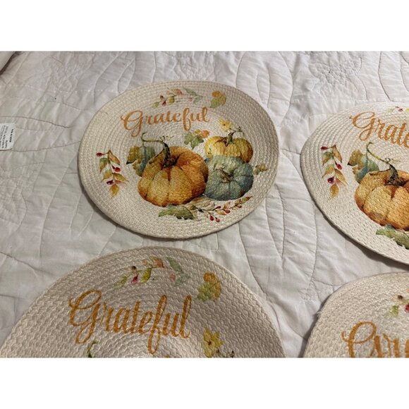 5 Pioneer woman Round "Grateful" Pumpkin Placemats 13” Braided Cotton Table Top - Picture 7 of 8